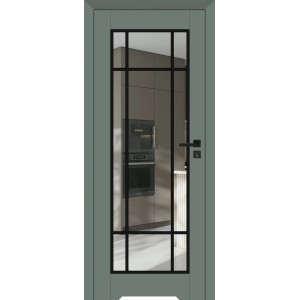 Szare drzwi wewnętrzne ze szklaną wstawką i czarną ramą.