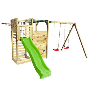 Drewniany plac zabaw ze zjeżdżalnią, ścianką wspinaczkową i huśtawką dla dzieci.