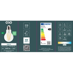 Opakowanie produktu żarówki LED E27. Szczegóły dotyczące mocy, barwy światła i efektywności energetycznej.
