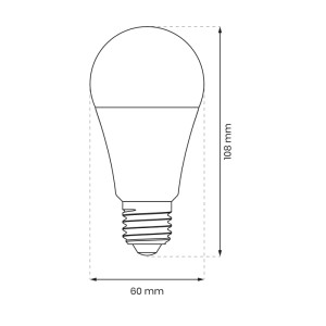Szkic żarówki LED E27 z wymiarami: wysokość 108 mm, średnica 60 mm.