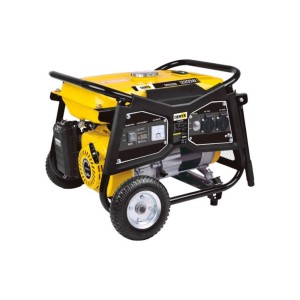 Żółty agregat prądotwórczy t.b.t. z czarną ramą i kołami.