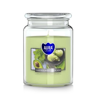 Świeca zapachowa w szkle: Aura Candles Garden Mint-Avocado, zielona świeca z pokrywką.