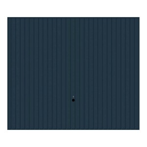 Widok niebieskiej bramy garażowej t.b.t. z pionowymi panelami.