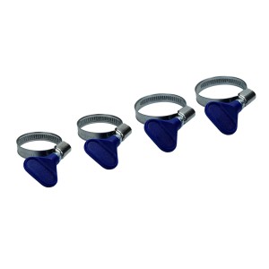 Zestaw czterech opasek zaciskowych z niebieskimi motylkowymi uchwytami.