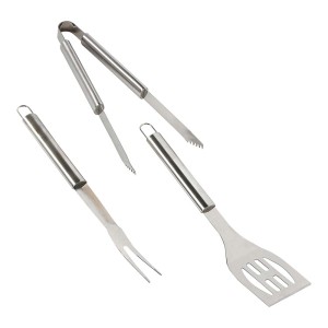 3-częściowy zestaw narzędzi do grillowania Jamestown ze stali nierdzewnej: łopatka, widelec i szczypce.