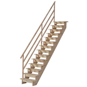 Drewniane schody wewnętrzne z poręczą, nieobrobione.