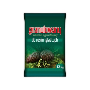 Opakowanie granulowanego nawozu do iglaków (12 kg) z motywem szyszki.