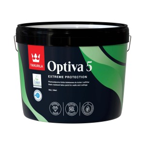 Farba do wnętrz Tikkurila Optiva 5 w czarnym wiadrze.