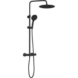 Czarna kolumna prysznicowa t.b.t. z deszczownicą i słuchawką do nowoczesnych łazienek.