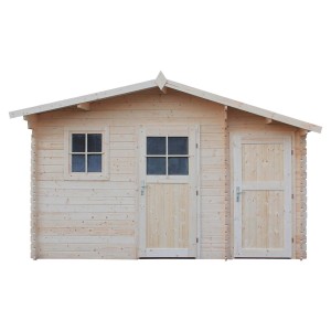 Drewniany domek ogrodowy t.b.t. z oknem i drzwiami. Idealny jako domek narzędziowy lub altana ogrodowa.