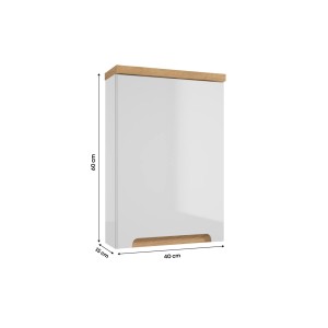 Biała szafka wisząca z serii mebli łazienkowych t.b.t. z drewnianymi detalami i wymiarami.