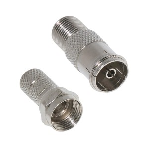 Dwie srebrne końcówki kabla koncentrycznego (t.b.t.) do połączeń kablowych.