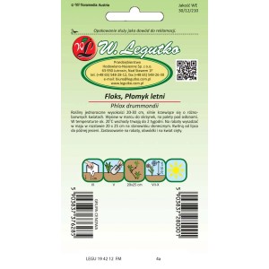 Opakowanie nasion Floks, Płomyk letni, z informacjami o siewie i pielęgnacji.