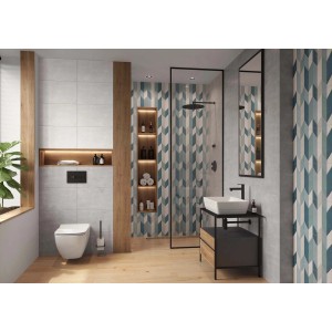 Nowoczesna łazienka z szarymi i wzorzystymi płytkami ściennymi t.b.t.