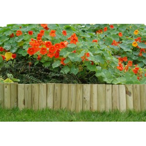 Drewniana obrzeże ogrodowe z kwitnącymi nasturcjami.