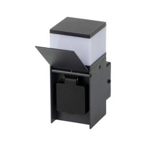 Nowoczesny, czarny kinkiet zewnętrzny z gniazdkiem i elementem świetlnym.