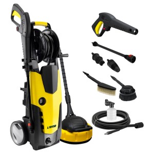 Żółto-czarna myjka ciśnieniowa z akcesoriami, takimi jak dysze, szczotki i butelka na detergent.