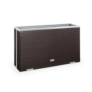 Prostokątna, brązowa donica t.b.t. ze srebrnym obramowaniem.