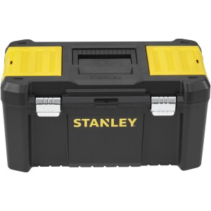 Skrzynka narzędziowa Stanley Essential 19 cali, plastikowe pudełko z metalowymi zatrzaskami, czarno-żółta.