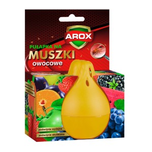 Pułapka na muszki owocowe AROX, żółty pojemnik na tle opakowania z motywami owoców.