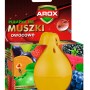 Pułapka na muszki owocowe AROX, żółty pojemnik na tle opakowania z motywami owoców.