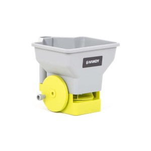 Siewnik ręczny w kolorze szarym i żółtym do nasion i nawozów.