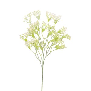 Delikatna sztuczna roślina z małymi, białymi kwiatami i zielonymi łodygami.