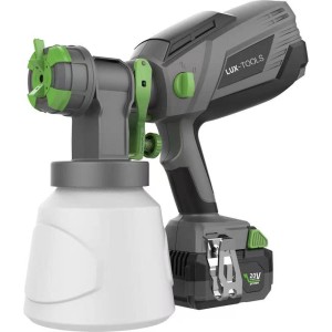 Akumulatorowy system natryskowy LUX-TOOLS: Szary pistolet natryskowy z białym pojemnikiem i zielonym pokrętłem regulacyjnym.