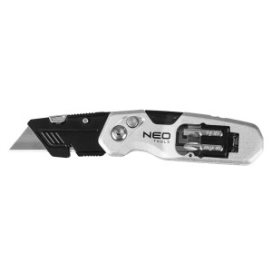 NEO TOOLS Nóż z ostrzem trapezowym składany 1+3 ostrza, 2 bity