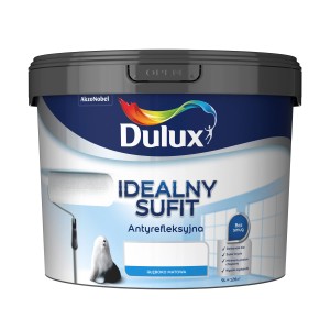Wiadro białej farby do sufitów Dulux Idealny Sufit, matowa, antyrefleksyjna.