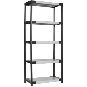 Szary regał z tworzywa sztucznego z 5 półkami do piwnicy, garażu lub schowka.