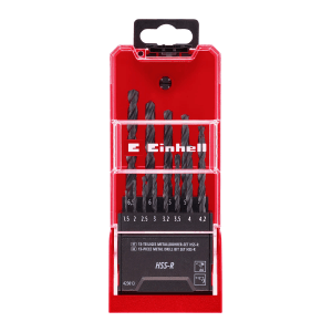 Zestaw wierteł do metalu Einhell HSS-R, 13-częściowy w czerwonej kasecie z różnymi rozmiarami.