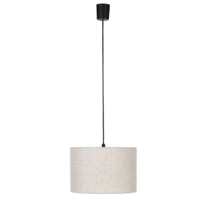 Lampa wisząca z cylindrycznym, beżowym abażurem z tkaniny i czarnym zawieszeniem.