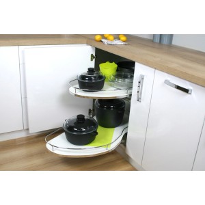 Szafka narożna kuchenna z obrotowym systemem przechowywania garnków i naczyń.