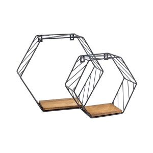 Dekoracyjne półki ścienne t.b.t. w zestawie 2 sztuk z czarną metalową ramą i drewnianą półką.