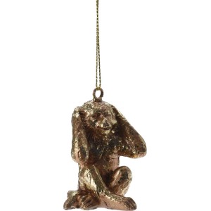 Złota figurka małpy jako dekoracja ogrodowa do zawieszenia.