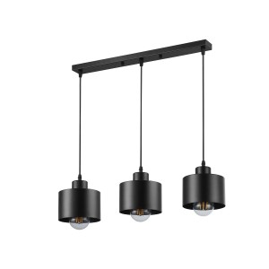 Czarna lampa wisząca t.b.t. z trzema cylindrycznymi kloszami.