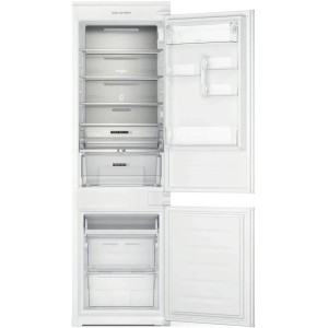 Otwarta, biała lodówko-zamrażarka do zabudowy z szufladami i półkami.