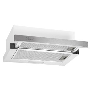 Płaski okap t.b.t. w kolorze białym ze srebrnymi detalami. Pochłaniacz kuchenny.