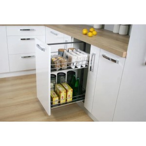 Wysuwany organizer do szafki kuchennej z dwoma poziomami dla optymalnego przechowywania.