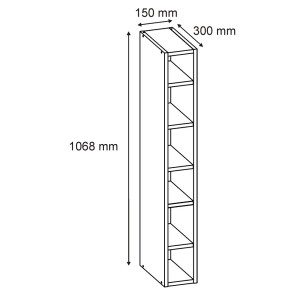 Rysunek techniczny wysokiej, wąskiej szafki z otwartymi półkami i wymiarami.