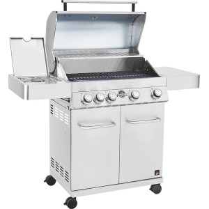 Grill gazowy ze stali nierdzewnej z czterema palnikami, palnikiem bocznym i szafką dolną.