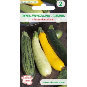 Opakowanie nasion mieszanki cukinii z cukiniami w kolorze zielonym, żółtym i białym.