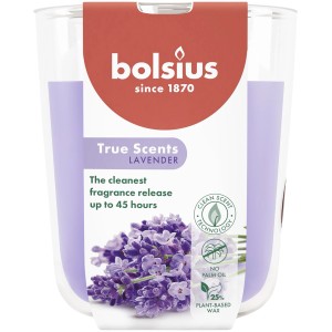 Świeca zapachowa Bolsius True Scents Lawenda w szkle, niebiesko-liliowa, dla relaksującej atmosfery.