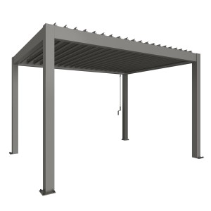 Pergola Biohort, kwarcowy szary metalik, z regulowanymi lamelami i zintegrowanym odpływem wody deszczowej.