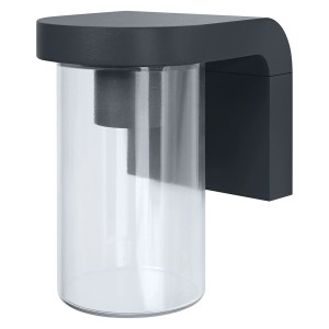 Nowoczesna szara lampa ścienna zewnętrzna z przezroczystym szklanym cylindrem. Dekoracyjna lampa zewnętrzna.