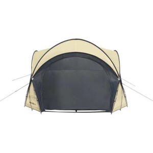 Beżowy namiot basenowy/zadaszenie basenowe t.b.t. z ciemnym wnętrzem, widok z przodu.