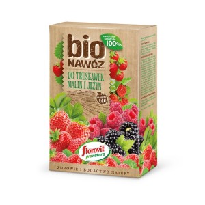 Nawóz organiczny do truskawek, malin i jeżyn w kartonowym pudełku z truskawkami, malinami i jeżynami.