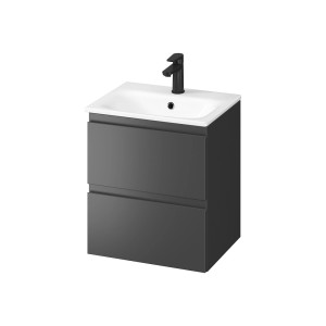 Szara szafka pod umywalkę t.b.t. z białą umywalką i czarną baterią.