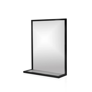 Prostokątne lustro z czarną ramą i półką.